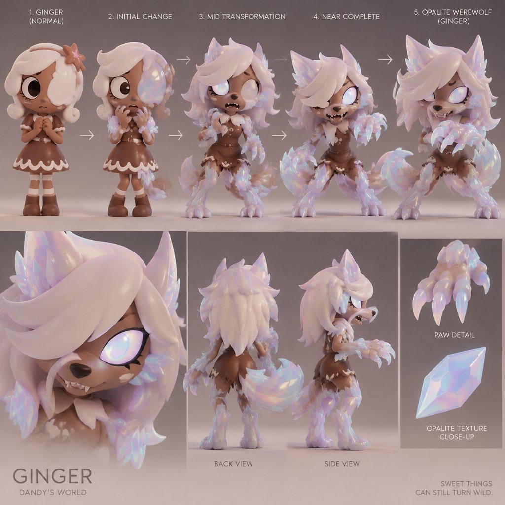 Ginger from dandy’s world turning into a opalite werewolf