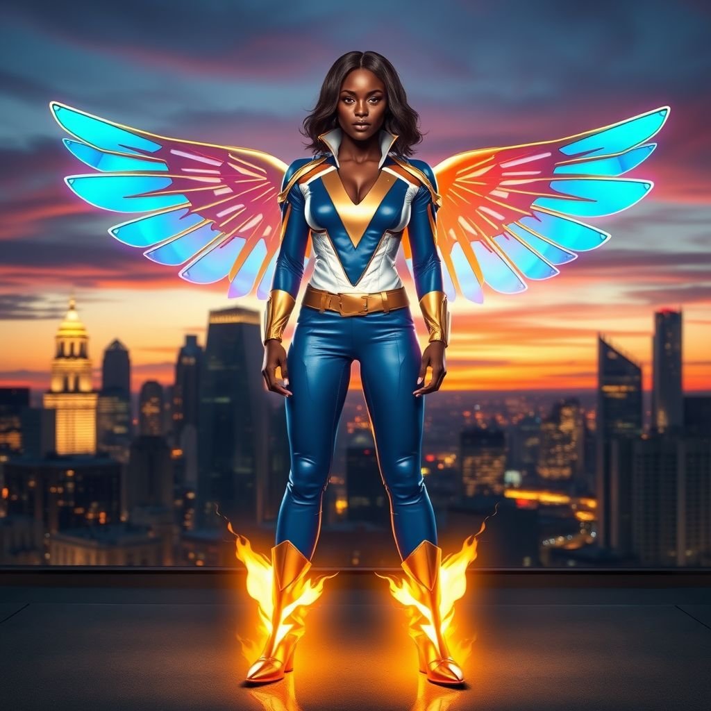 African American female superhero with shoulder length hair in a side part style and holographic wings wearing a homemade leather white and blue suit with gold accents and blue pants with a stylized V as her chest emblem wearing gold flat boots  made of gold fire standing in Philadelphia at dusk