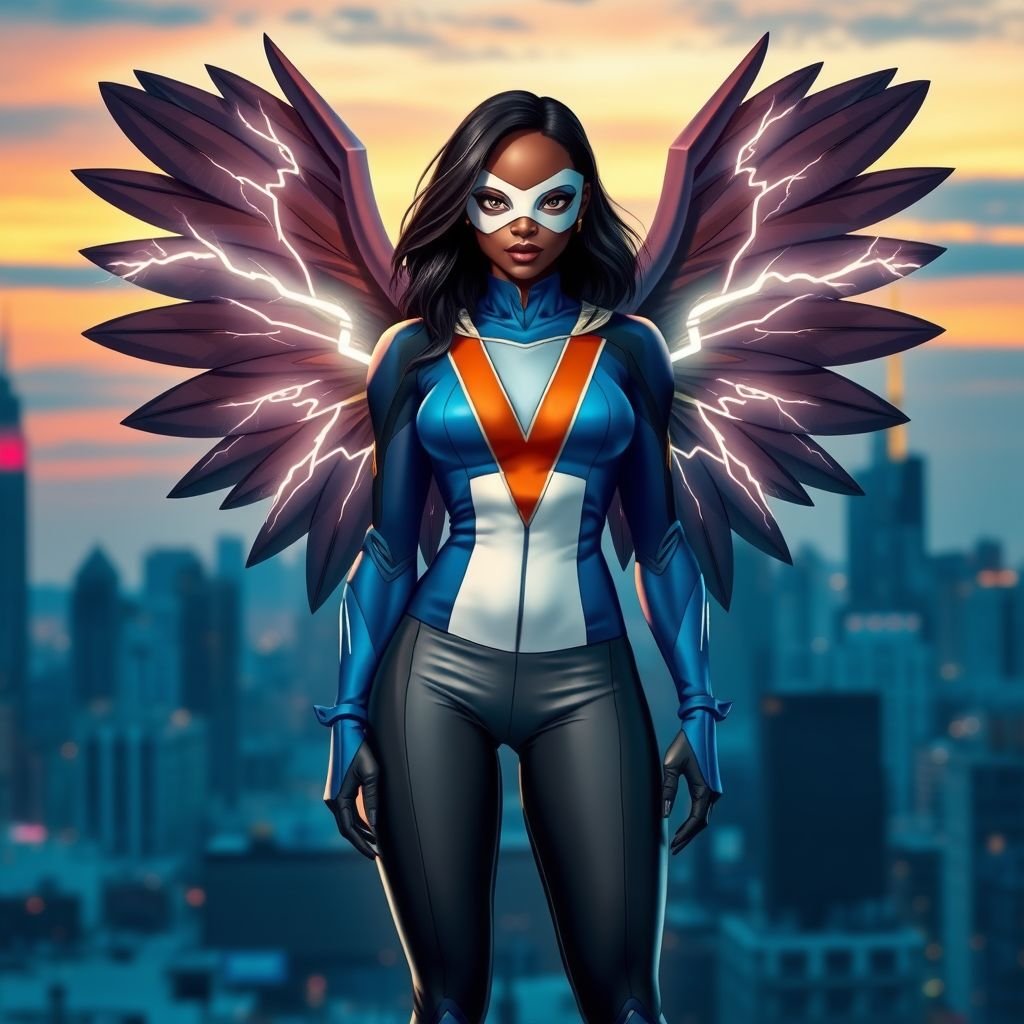 African American female superhero with shoulder length hair in a side part style and wings made of white lightning wearing a domino mask wearing a slightly homemade white blue and black suit with black pants with a stylized V as her chest emblem wearing blue flat boots made of gold standing in Philadelphia at dusk