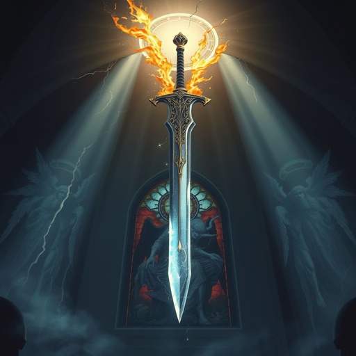 Depict the God Cry Sword floating vertically in a twilight celestial chamber. Its twin blades hover apart slightly, crackling with holy energy between them. The top blade radiates gold and white flames, while the bottom glows with silvery mist and falling stars. The hilt is gripped by an invisible divine force, wrapped in runes that shimmer like constellations. A halo of light circles the weapon, and the background reveals a fractured stained-glass mural of weeping angels and a dying god’s silhouette. Cracks in the chamber’s sky leak threads of divine light, suggesting that the sword is the only thing keeping the realms from breaking.