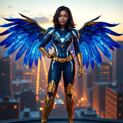 A young African American female superhero with shoulder length hair in a side part style wearing a blue and white suit made of spandex like material that’s slightly armored with gold accents with white pants and gold boots with a stylized V as her chest emblem with wings made of blue fire standing on a roof in a Philadelphia at dawn