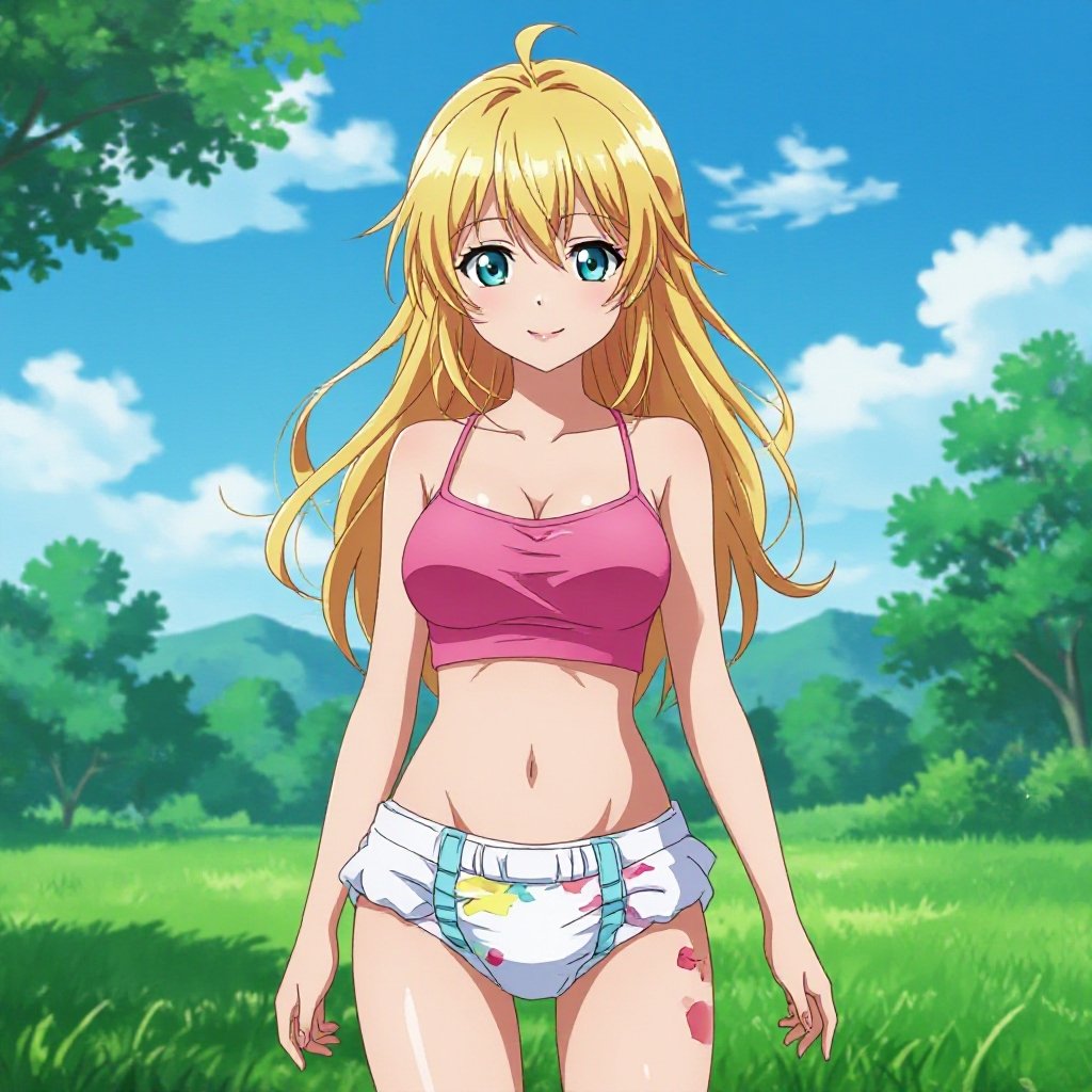 a 14 year old anime girl who is blonde very attractive wearing a crop top and has a messy diaper standing up