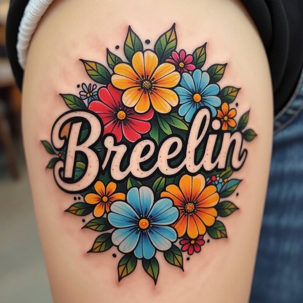 Name Breelin with flowers tattoo 