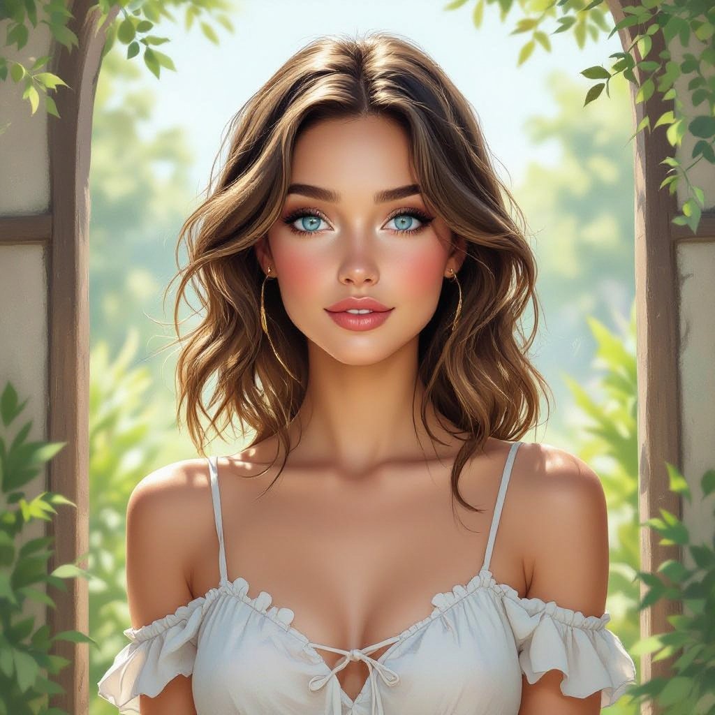 Kobieta o jasnobrązowych włosach do ramion, 
jasnoniebieskich oczach, blada, bez makijażu, ubrana letnio, ale nie odkryta. Delikatna uroda