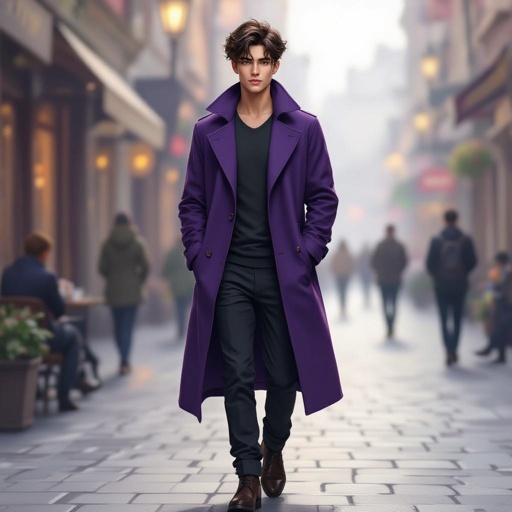 Male 17-year old Dark hair with greenish bluish eyes wears purple longcoat 