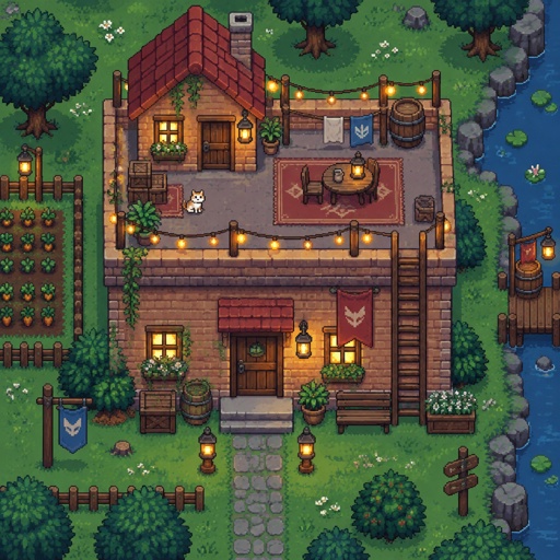 Cozy brick house with a flat roof and a smaller house on top left roof, fairy lights, ladder, for a modern fantasy game, top down style