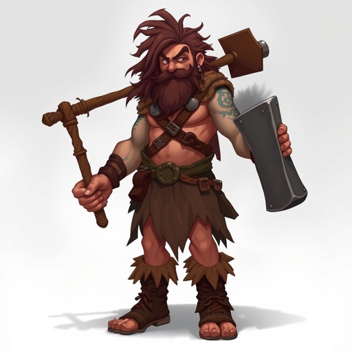 Male human Barbar, Wearing only lioncloth and Leatherboots, Hair Brown, massive Club in one Hand. Face Looks a Little Bit dumb 