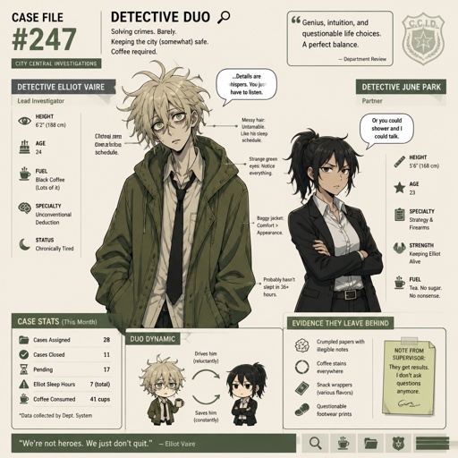 Anime style Male great detective takes his job real seriously and is really good at it in his mid 20s with medium really crazy messy light blonde hair, tall thin, tied, clean shaven, strange green eyes wearing a baggy loose mossy green jacket tired face,partner looking annoyed but also concerned for him, trying to take this case seriously, talking about crime scene what could have happened, very gruesome,person unknown, detective will do whatever he can, his parent and him get into arguments usually his partner will say "you really need some rest you can barely stand and your speaking trails off, how do you expect to finish this case with the little sleep and food you eat" detective will reply" all I need is some coffee, I can survive and I don't plan on resting till I get to the bottom of this, worrying never helps with anything"as he yawns and starts nodding off