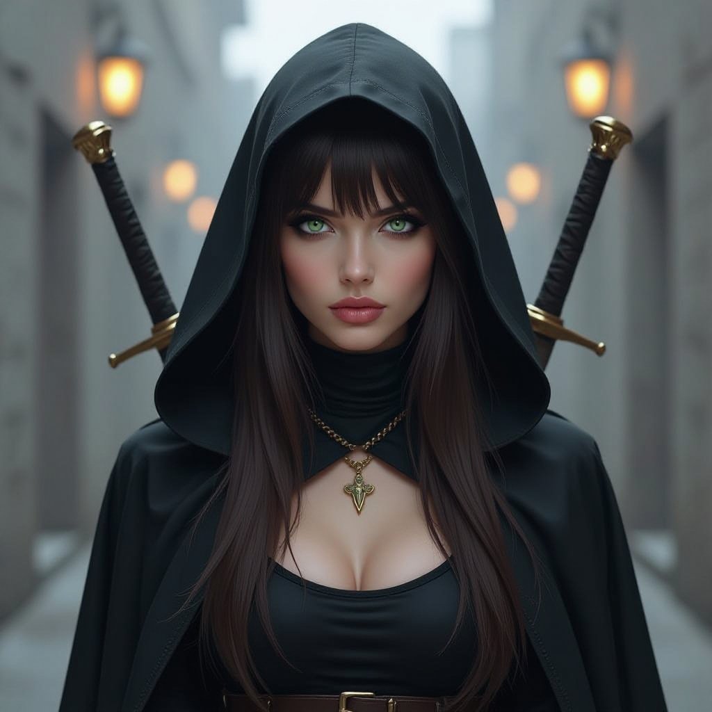 
A woman with long brown hair and light green eyes. She has bangs that cover one eye, an emo-style fringe that covers the entire eye. She has a chubby, round face. Pale skin. Delicate beauty. Thin lips. She is dressed in black pants and a black turtleneck. She wears a belt with a dagger. A long sword hangs on her back. In her hand, she holds a short sword. She wears a black cape and a large hood over her head. Around her neck, she wears a necklace with a shimmering amber. The woman looks menacing. A dark alley, a dark atmosphere. A few lights. Fog. Dark.

Breasts covered. Dark. Fog. Black.
