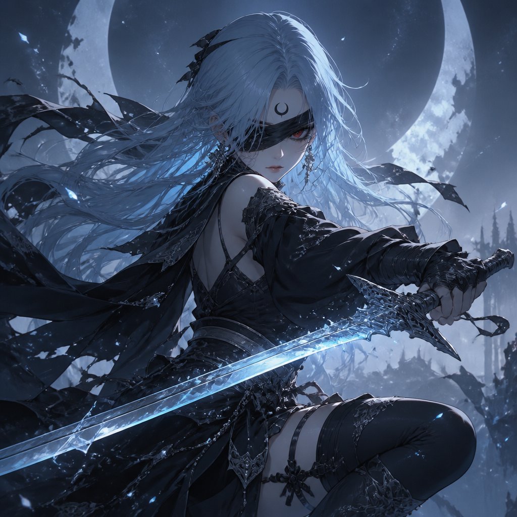 female blind fold light blue hair red eyes moon mark and ice sword black clothes