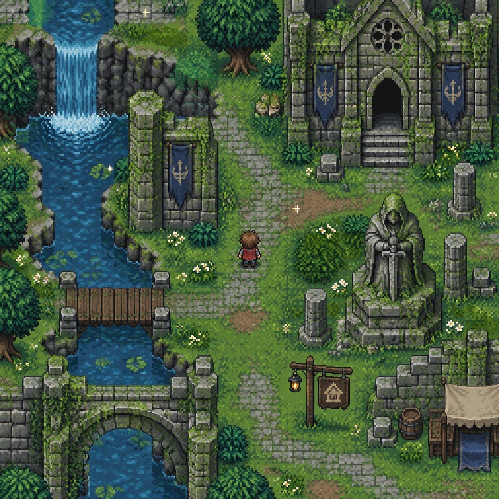 faintly sparkling moss on rocks and old buildings for a fantasy game set in modern times, top down style