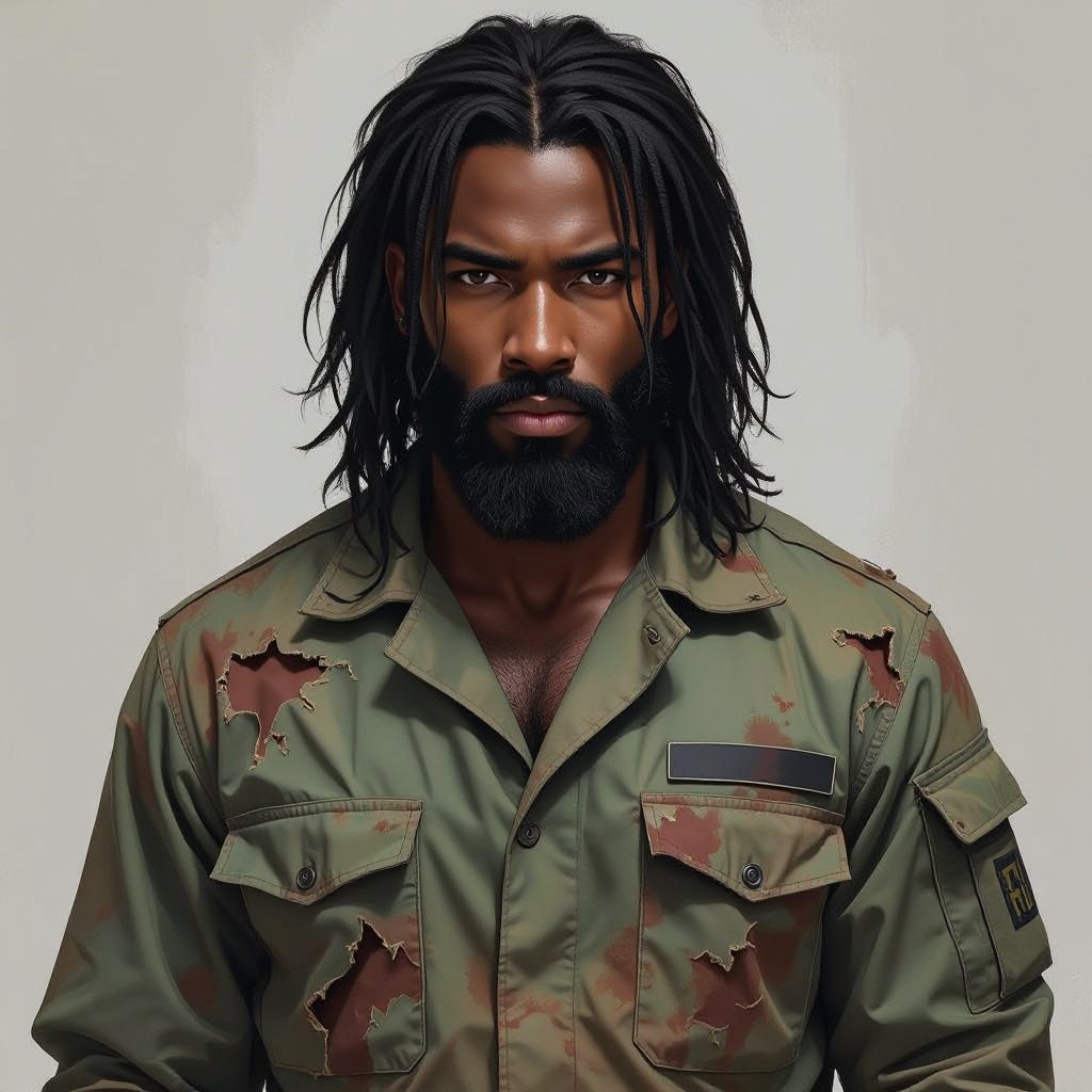 A African American man with a black beard and black medium long hair wearing a medical uniform