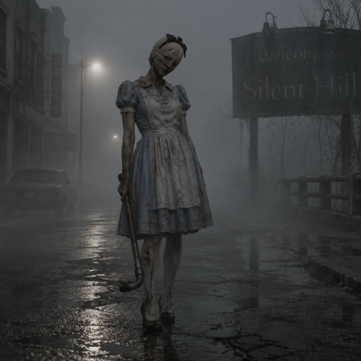 Silent hill with the nurse from the silent hill movie but in Alice’s dress from Alice in wonderland 