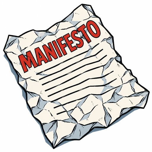 Paper saying MANIFESTO, crumpled top angle view white background