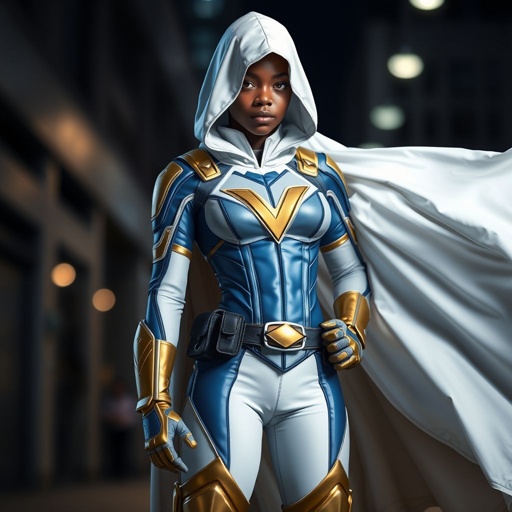 A teenage African American female superhero  wearing a white  cloak with a hood over a professionally made slightly armored white and blue suit with blue pants gold accents and a stylized V as her chest emblem a utility belt and gold boots