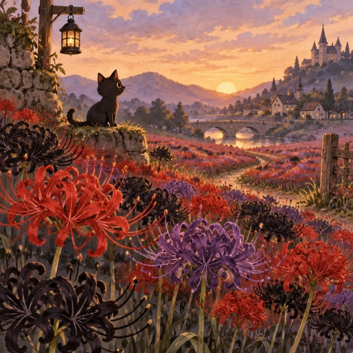 A field of Black, red and purple spider lillies 