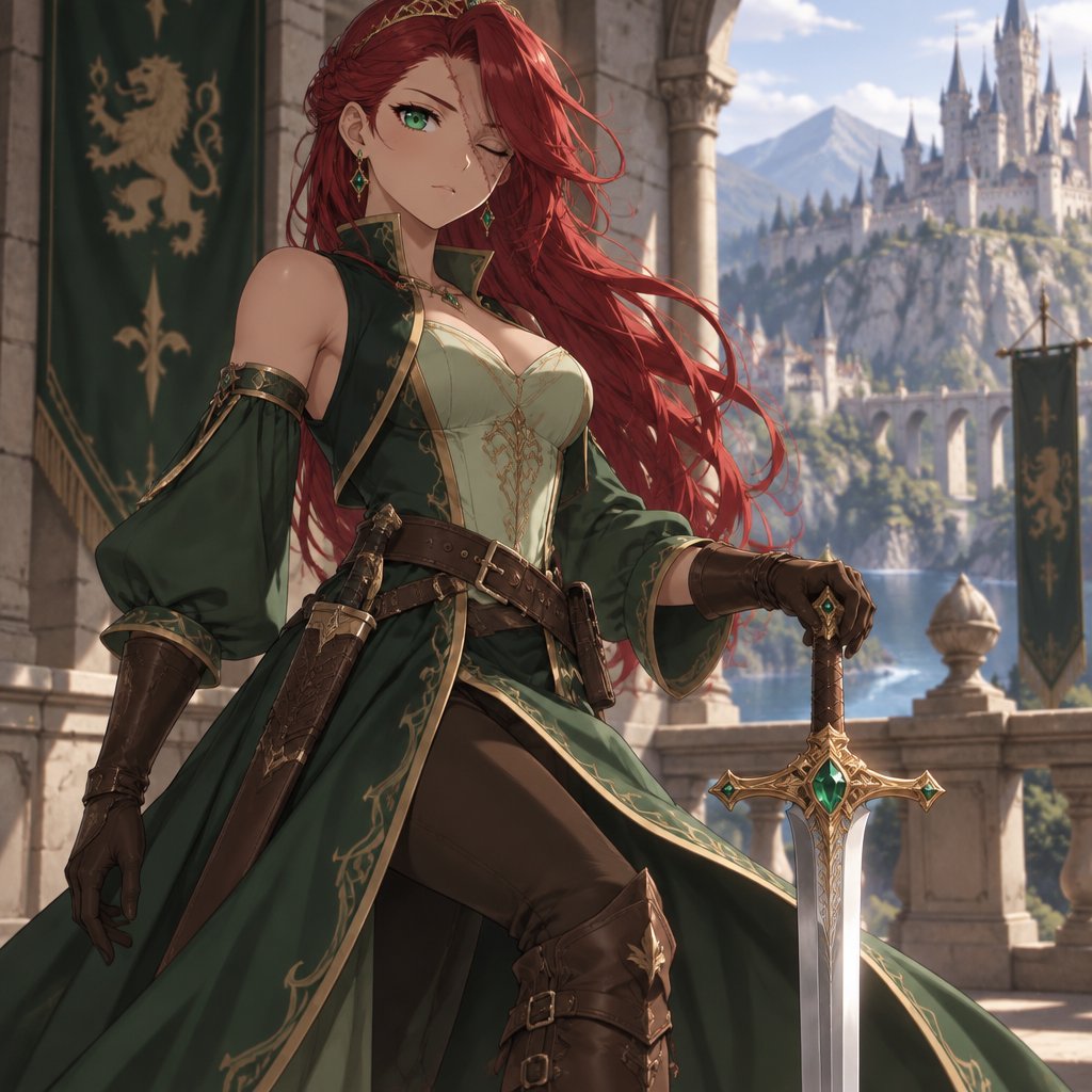A princess,red hair swooped more on the right side,green eyes,right eye is scar and blind,she is wearing a green sleeveless dress that splits in the middle an with golden rims on the bottom of dress,brown pants underneath ,she wears a light green corset with the top on her neck loose and golden rims on top,wearing a brown belt with a sheath,brown boots,has an unhatched green sleeve on right arm,brown gloves,earrings,a beautiful sword with a diamond in the middle