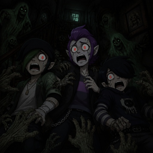 Kenji, Mortis and Edgar from brawl stars wearing modern clothes, in a haunted house, there all scared