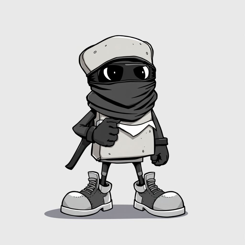 Create a funny looking clumsy sandwhich thief with funny shoes on. Make him have on the bandit black thing around his eyes