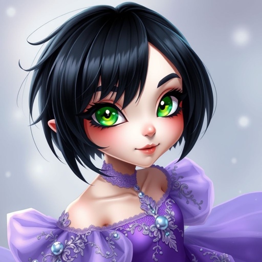 Short black hair. Jade green eyes. Purple ball gown 