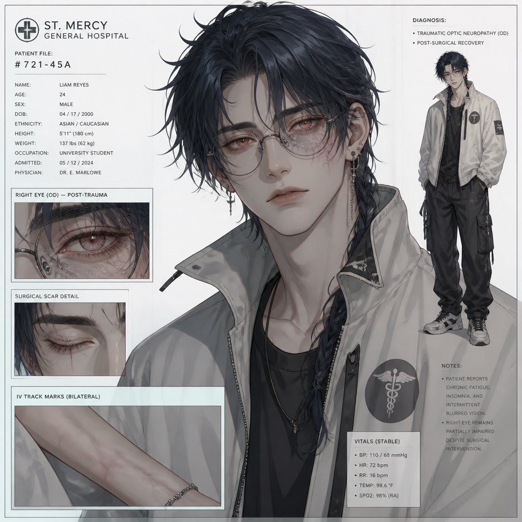 Anime male in his 20s part Asian part white dark blue hair messy in a braid clean shaven wearing a baggy jacket,is a weapon and good at everything highly skilled,late 20s, tired, tall, migraines, sensitive to light,sarcastic ,red eyes,serious face experiment,coffee, hates people he has powers he could use but doesn't have full control dangerous hates being told what to do,one eye damage, glasses,spiders,earrings will agree to help but on his terms or for a price hard to figure out what his true emotions are or if he even has any,doesn’t remember anything from his past before the experiment,high and mighty scary