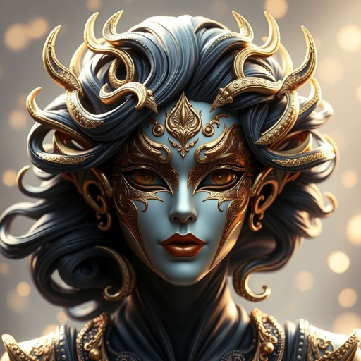 A female mask with gold accents