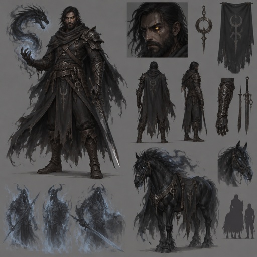 dark abyss assassin, dragon eye, large horse companion, spirit summoning abilities, black hair, beard