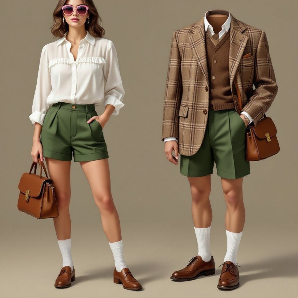 Top: A white, high-neck blouse with vertical ruffles along the bodice and a frilled collar. The fabric appears lightweight and slightly sheer, with delicate texture or lace-like striping. The long sleeves are cuffed at the wrists with matching frills, adding a touch of femininity.

Outerwear: A brown plaid blazer with a classic check pattern, loose fit, and rolled cuffs revealing the lining. The interior appears to have a muted red or dusty-rose inner lining, giving it a hint of color contrast.

Bottoms: High-waisted green shorts with a clean, tailored fit and cuffed hems. They fasten at the waist with a black belt and button, creating a neat, structured silhouette that balances the flowy blouse.

Accessories: She carries a small, square brown crossbody bag with a long strap and flap closure, simple but fashionable. Pink sunglasses rest atop her head, adding a lively pop of color and personality.

Footwear: Brown oxford-style shoes paired with short white socks, folded down neatly at the ankle. The combination gives a vintage-inspired, preppy feel.