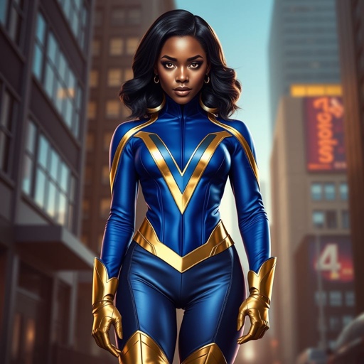 African American female superhero with hair  in a shoulder length side part hairstyle with pure Gold Glowing eyes wearing  a  royal blue and gold accented suit with royal blue pants and gold knee length boots with a V with the top half gold and the bottom half black as her chest emblem in Philadelphia 
