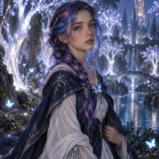 A 17 year old girl who has blue hair with pink and purple stripes and hazel eyes. She is wearing a dark blue dress that has layers. The inner layer is a lighter blue that fades into a soft white. There’s no strap on her left side. The top comes together at her right side and is held together by a blue butterfly which had a prince of clear fabric hanging from it. Her hair is in a low brain that hangs over her shoulder. She stands in a forest surrounded by white trees. 