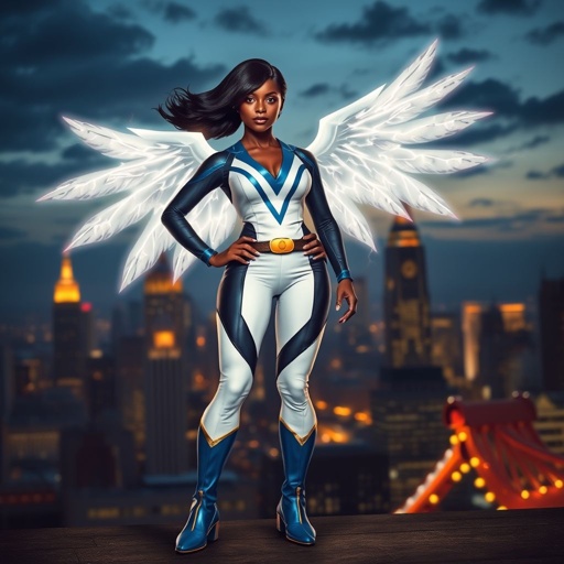 African American female superhero with shoulder length hair in a side part style and wings made of white lightning wearing a domino mask wearing a slightly homemade white blue and black suit with black pants with a stylized V as her chest emblem wearing blue flat boots made of gold standing in Philadelphia at dusk