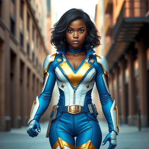 A teenage African American female with shoulder length curly hair  in a side part style superhero  wearing a MASK and a slightly armored white and blue suit with blue pants gold accents and a stylized V as her chest emblem a utility belt and gold boots