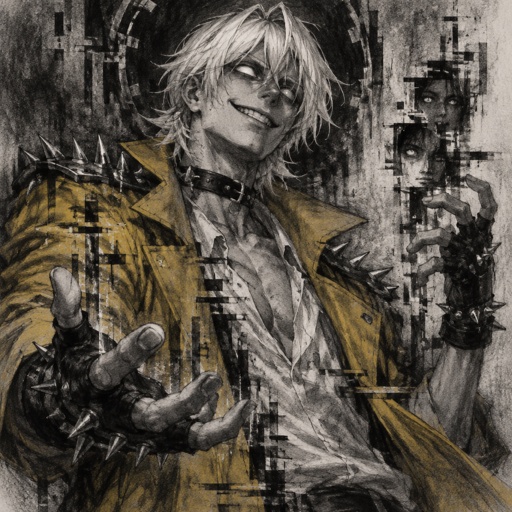 Male, white hair, smooth on top spiky on the bottom, neck length, white eyes, yellow trench coat, metal spike shoulder pads, black choker, low cut white shirt, fingerless gloves with spikes, insane smile, glitch powers