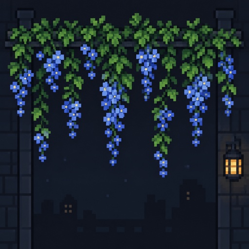 hanging blue flowers that open after sunset for a fantasy game set in modern times, top down style