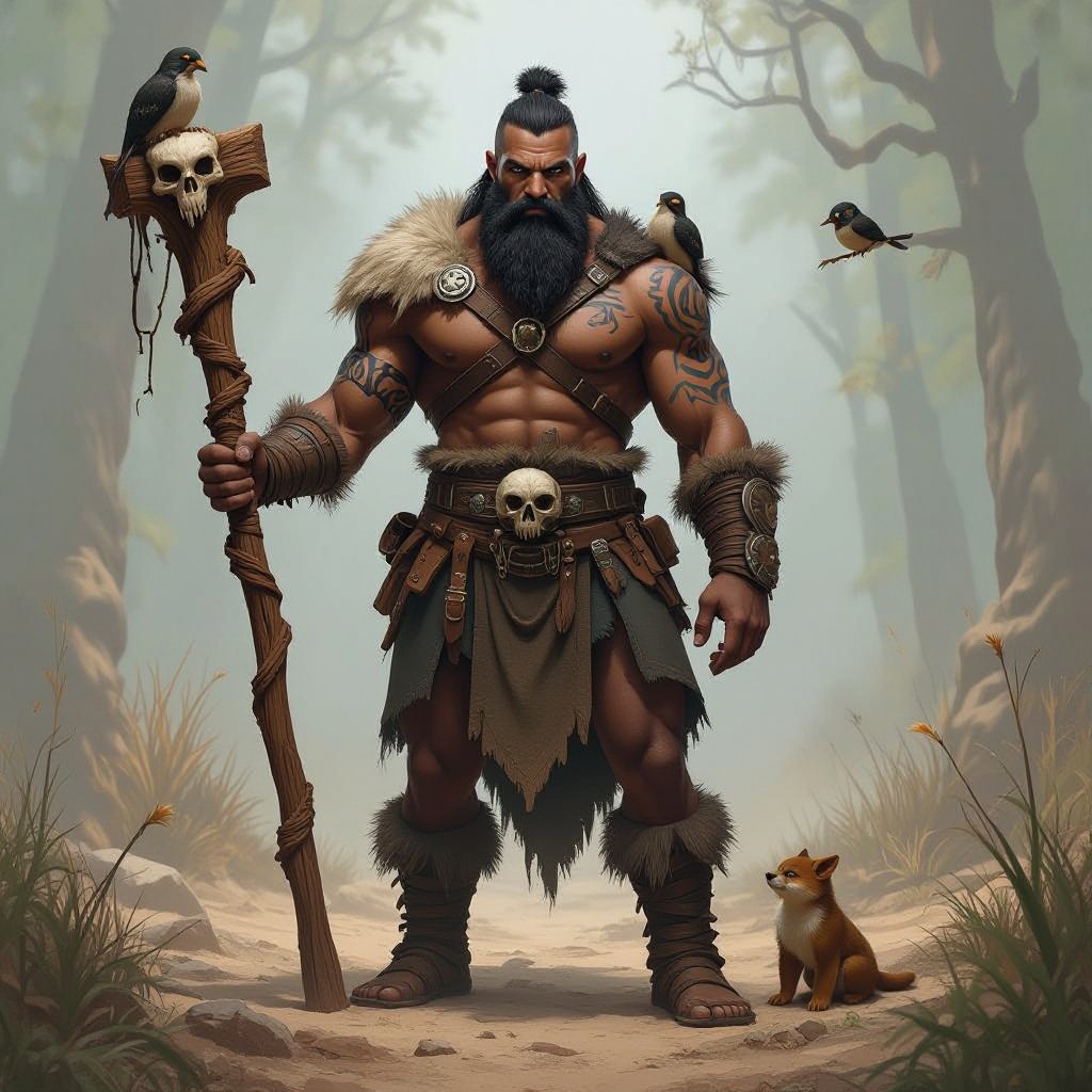 Kael the Beastbound – A rugged, broad-shouldered man with black skin and a rough beard, wearing armor made from bone and leather. deep green eyes tattoos of animal tracks spiral down his arms. He carries a massive wooden staff carved with the shapes of beasts, and small creatures often perch on his shoulders or follow at his feet.