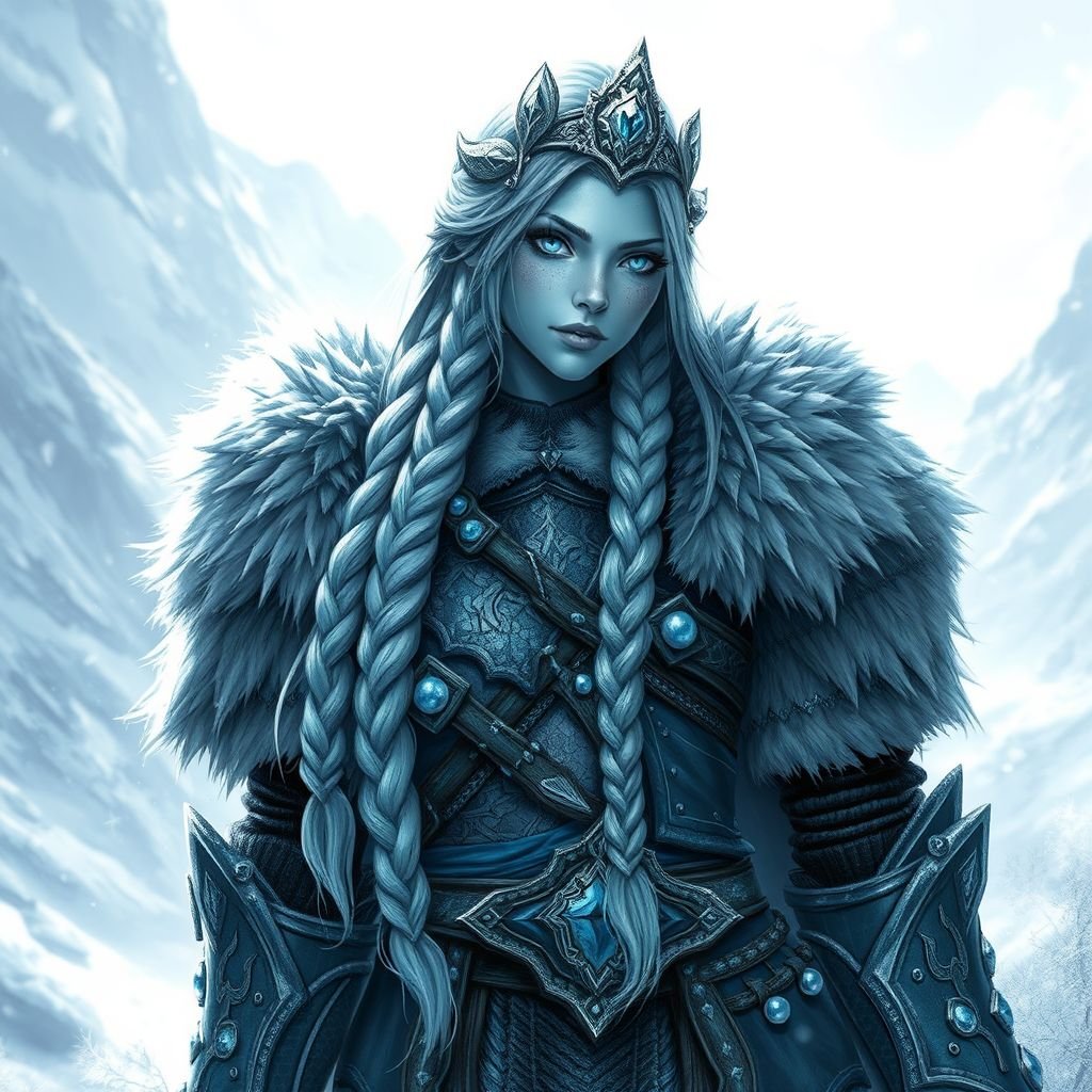 Create a character head to toe showing the whole character: Alvara the Frostheart – A tall, battle-hardened woman with pale, icy-blue skin that glimmers like frost in the sun. Her long silver hair flows in braids tipped with frozen beads. She wears heavy, fur-lined armor made from the hides of snow beasts. Her eyes glow faint blue. A frost-shaped crown rests lightly on her head.
