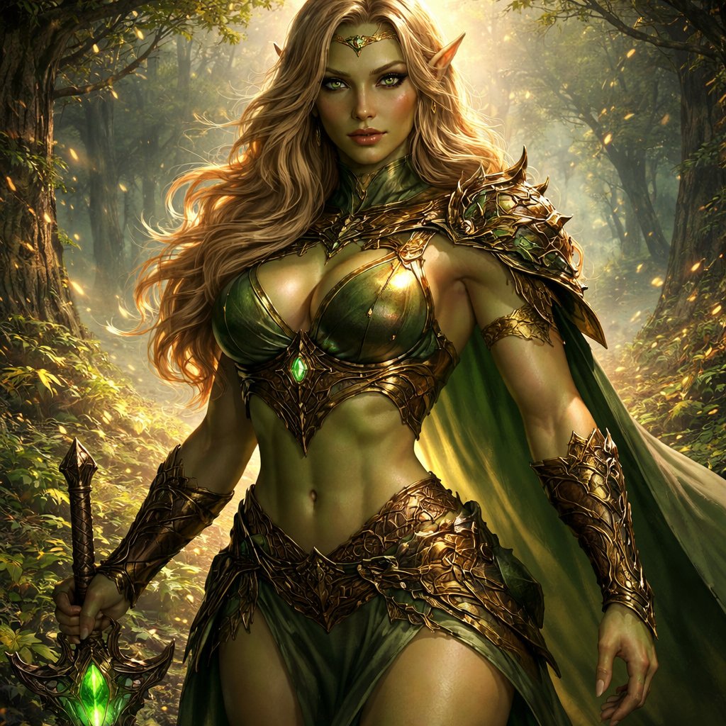 Female, age 30, blonde hair, green/gold eyes, light green tinted skin, muscular