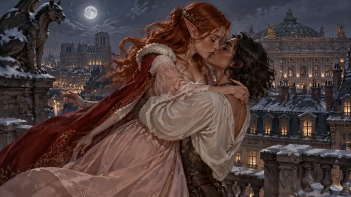 high-fantasy stylized historical D&D painted illustration of two women kissing on a snowy fancy parisian rooftop in the snow under the moonlight. (reminiscent of phantom of the opera) the first is an elegant elf woman with red hair, green eyes, and freckles wearing a flowy pale pink dress and red warm cloak. she is being embraced and spun by a tan strong tender woman with wavy dark short hair, bright blue eyes, and freckles wearing a flowy white top.