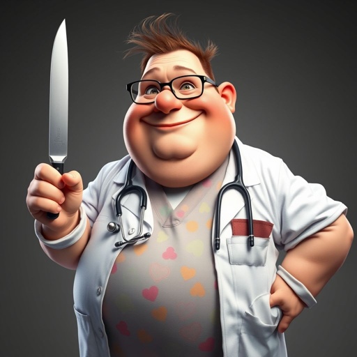 create a fat doctor. Who is funny human looking from head to toe. And he always immediately results to surgery for anything even small things. So please be sure to show his whole outfit head to toe. Make him have 1 tooth