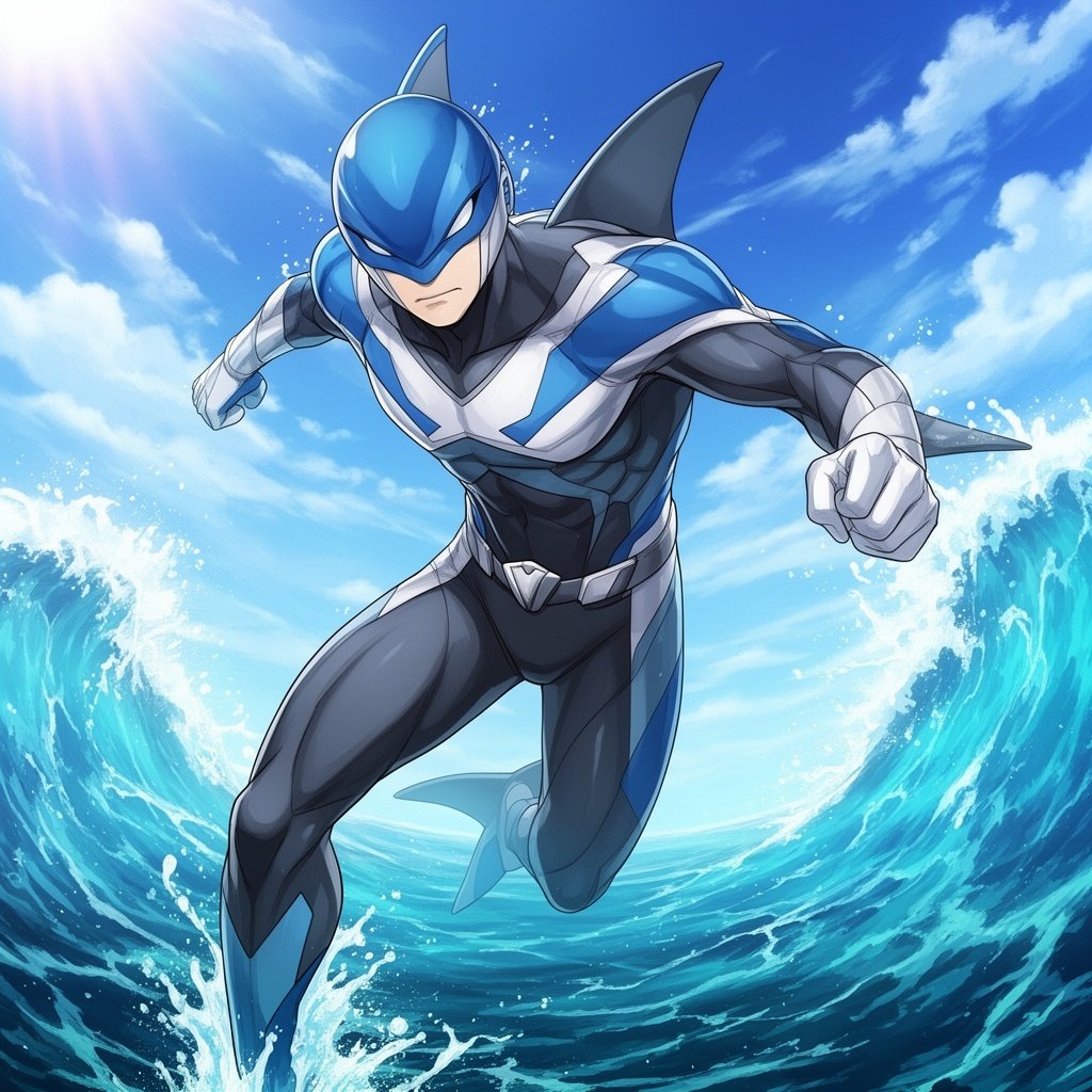  Can you make a non inappropriate picture of a superhero who is named hydroshark. Make her costume blue, white, and gray and make the ocean the background