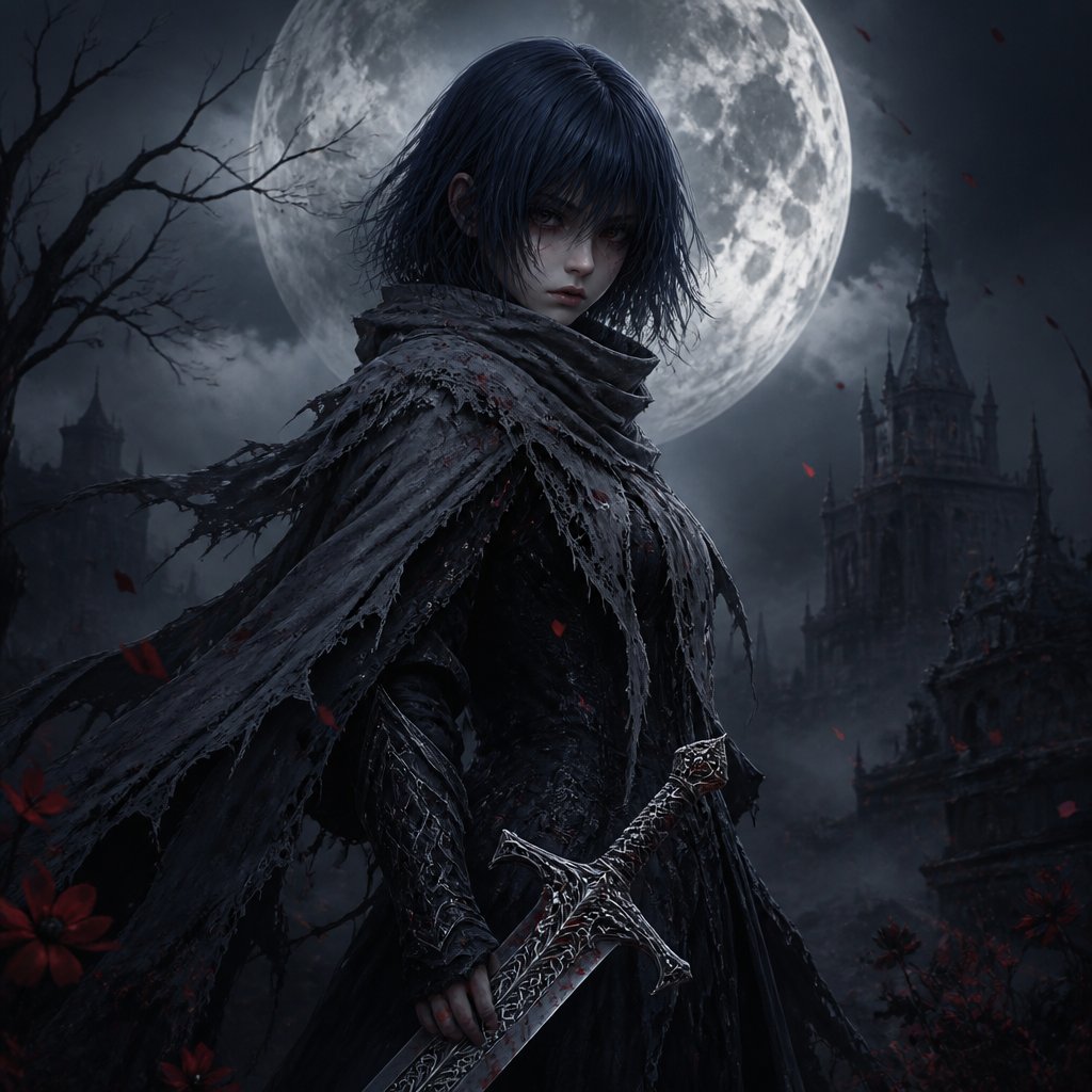 girl long bob dark blue hair scarf sword moon eyes