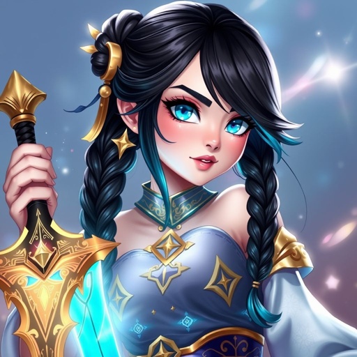A young female with fair skin and vibrant aqua eyes. Black hair with cyan tips in the form of two braids. Wearing a royal goddess two piece outfit holding a small but legendary sword