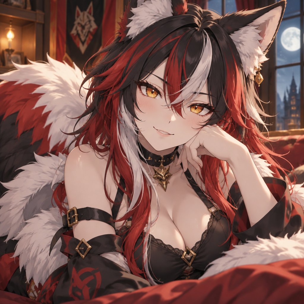 Wolf furry, woman, beautiful, golden eyes, red white and black hair, beautiful