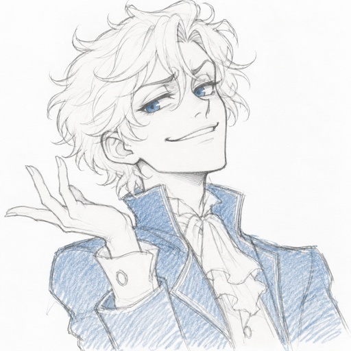 Male, fluffy white hair, big blue eyes, long smile, snobby, wears blue, whiny,