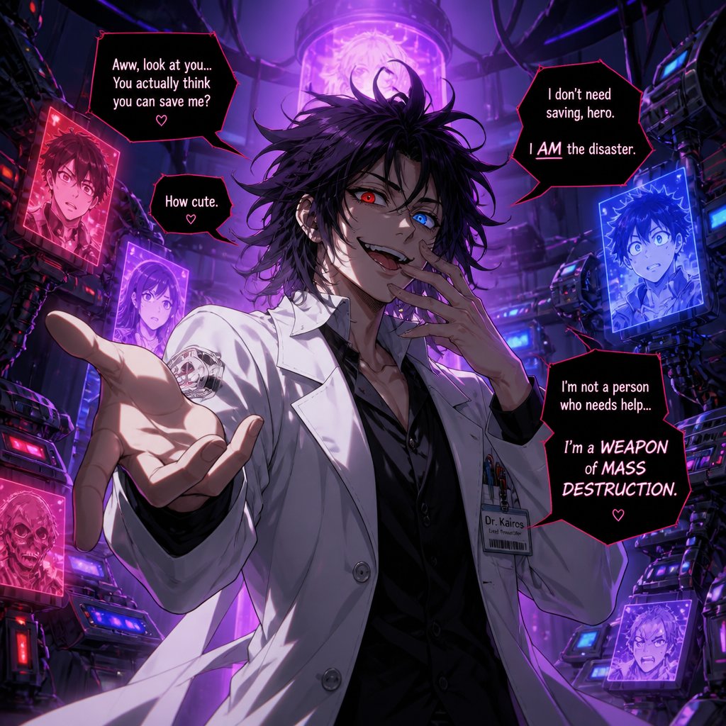 Villain made scientists, lab coat, looks like a mess,very flirty,hair style called “I’ve never seen a hair brush in my life” would rather die than be saved by the hero, “I don’t need one for I AM a weapon of mass destruction,likes to mess with the hero teasing them,has invented machines that lead to portraits,two different eye colors