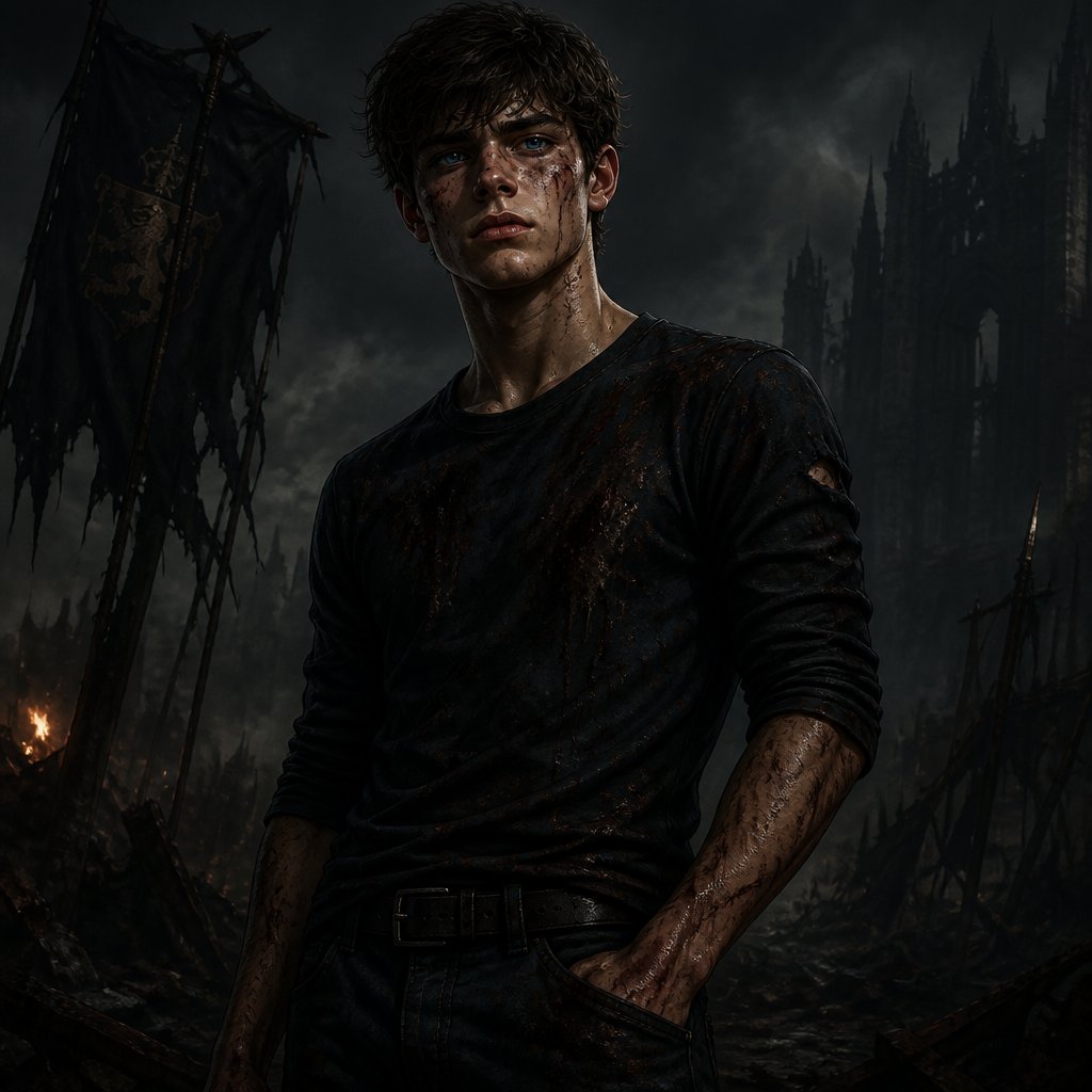 A 17 year old boy who has brown hair and blue eyes. He is wearing a black shirt and jeans. He looks strong and confident.