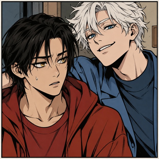 Male, Asian, neck length black hair, yellow eyes, eyeliner, wears red casual clothes, nervous, small mouth, male, fluffy white hair, big blue eyes, long smile, snobby, wears blue,