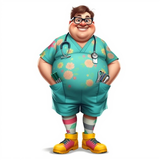 create a fat doctor. Who is funny human looking from head to toe. And he always immediately results to surgery for anything even small things. So please be sure to show his whole outfit head to toe. Make him have 1 tooth