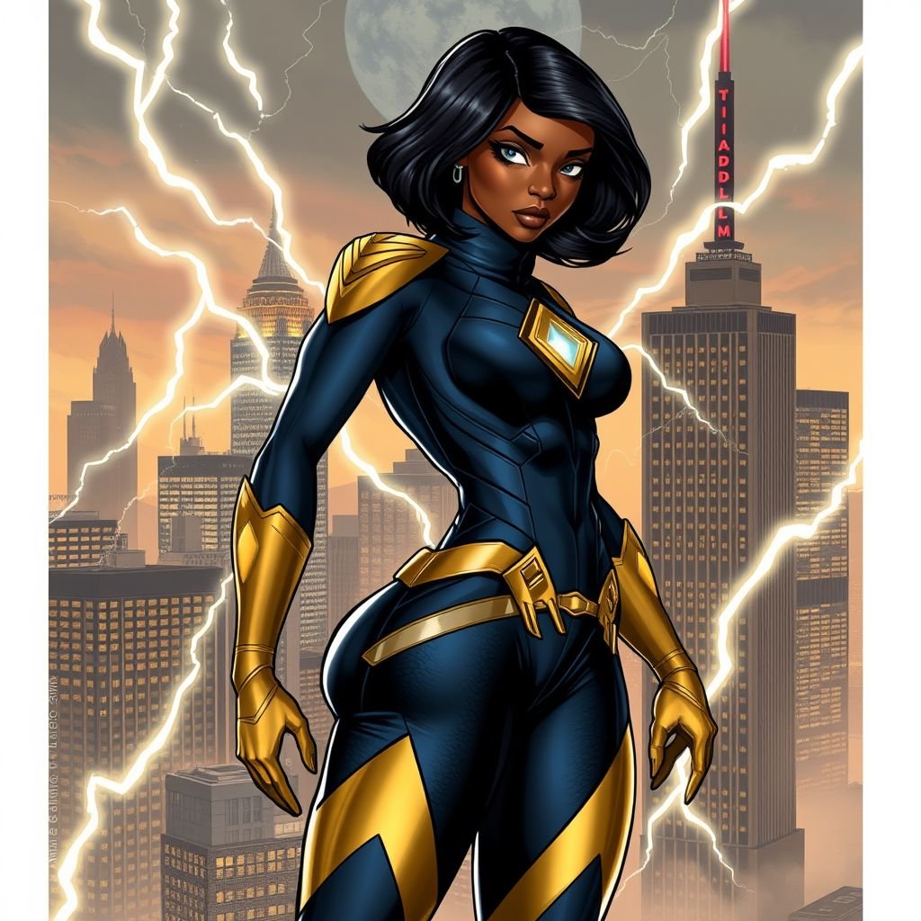 African American female superhero with hair in a shoulder length side part hairstyle with pure silver Glowing eyes wearing a leather slightly armored navy blue and gold suit with navy blue pants and gold boots with a diamond with the top half gold and the bottom half black her chest emblem with tendrils made of lightning coming out of her back in Philadelphia