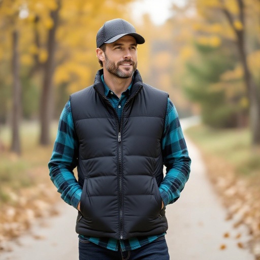 Man in black and light Grey puffer Vest . A Teal Flannel underneath. He wears a dark grey golf cap